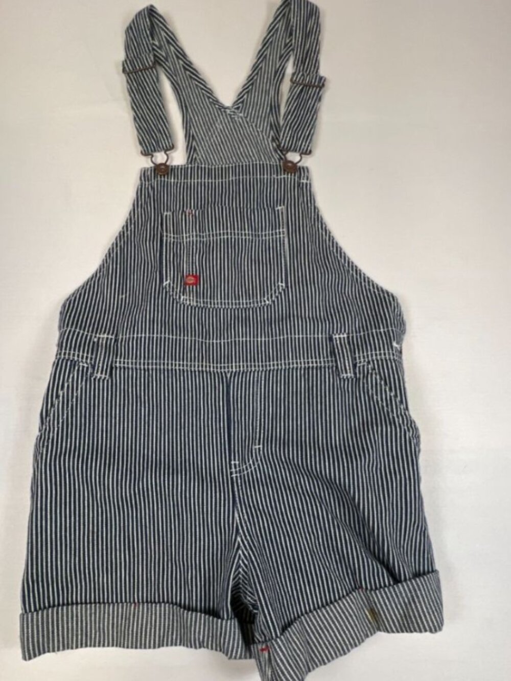 Dickies Women's Hickory Stripe Short Overalls Blue White Pinstripe Dungarees S